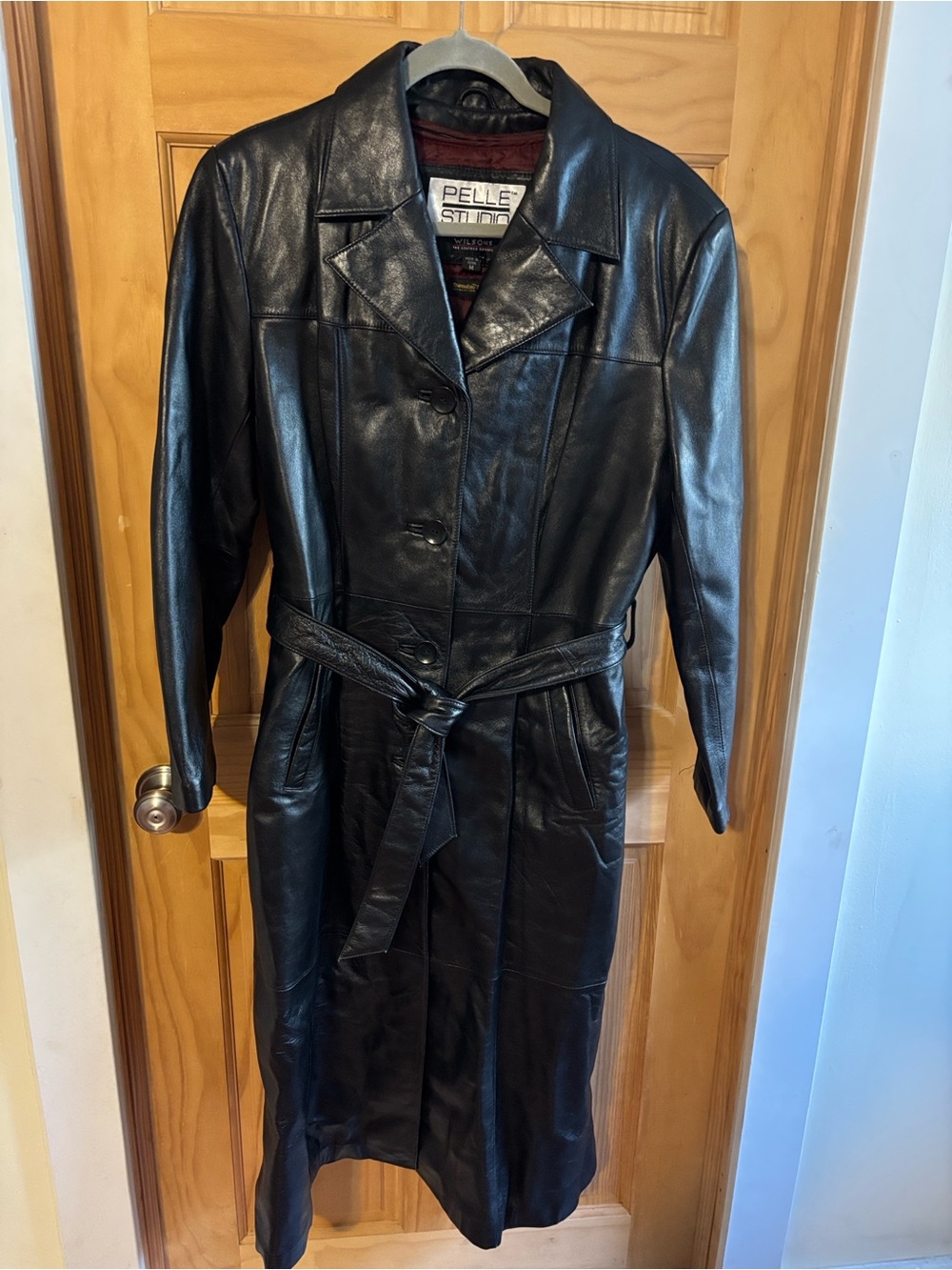 Pelle Studio Black Leather Trench Coat with Waist Tie